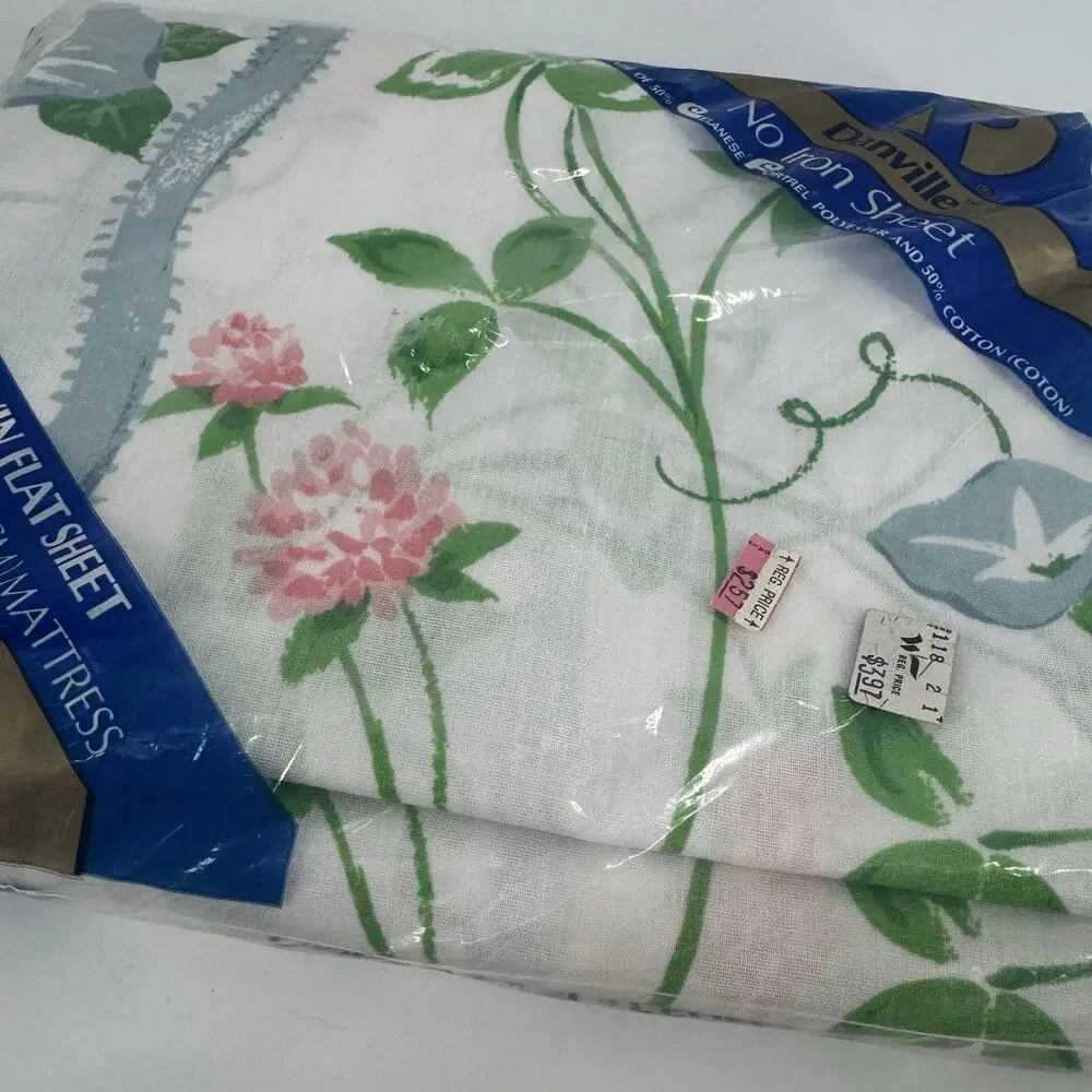 Vtg Danville Twin Flat Sheet “Ribbons & Clover” NOS Pink Rose FLORAL White Blue